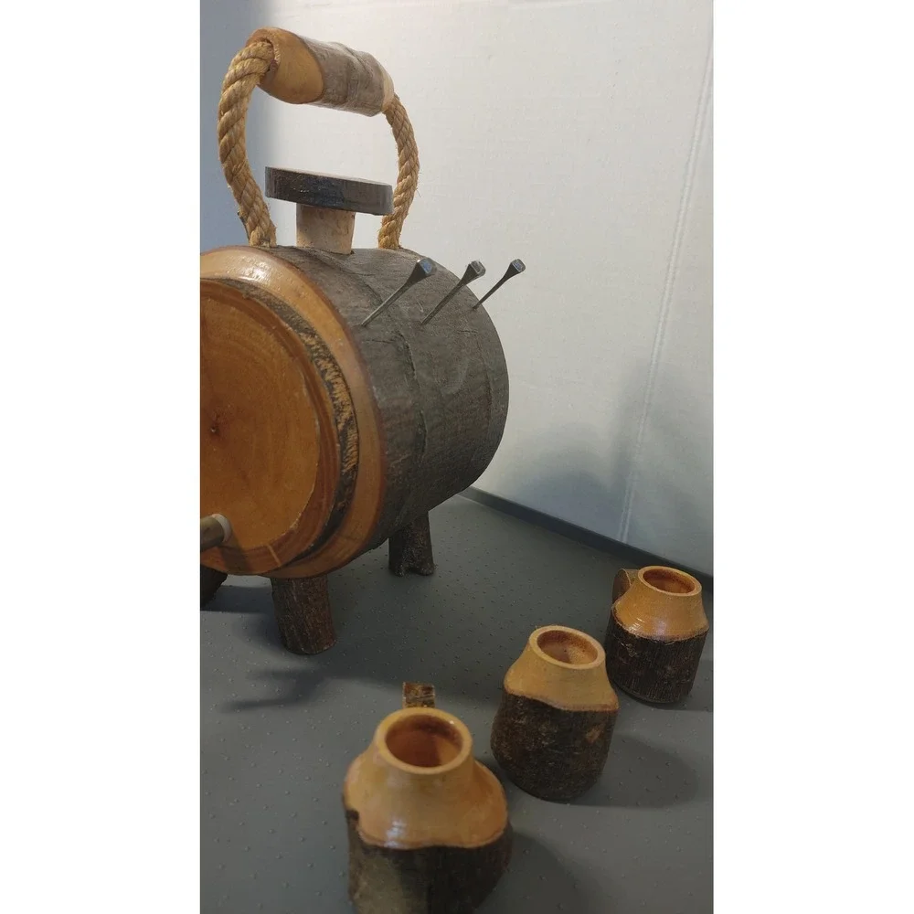 Vintage Handmade Rustic Wood Barrel Liquor Dispenser Set 7pc Brown Folk Art